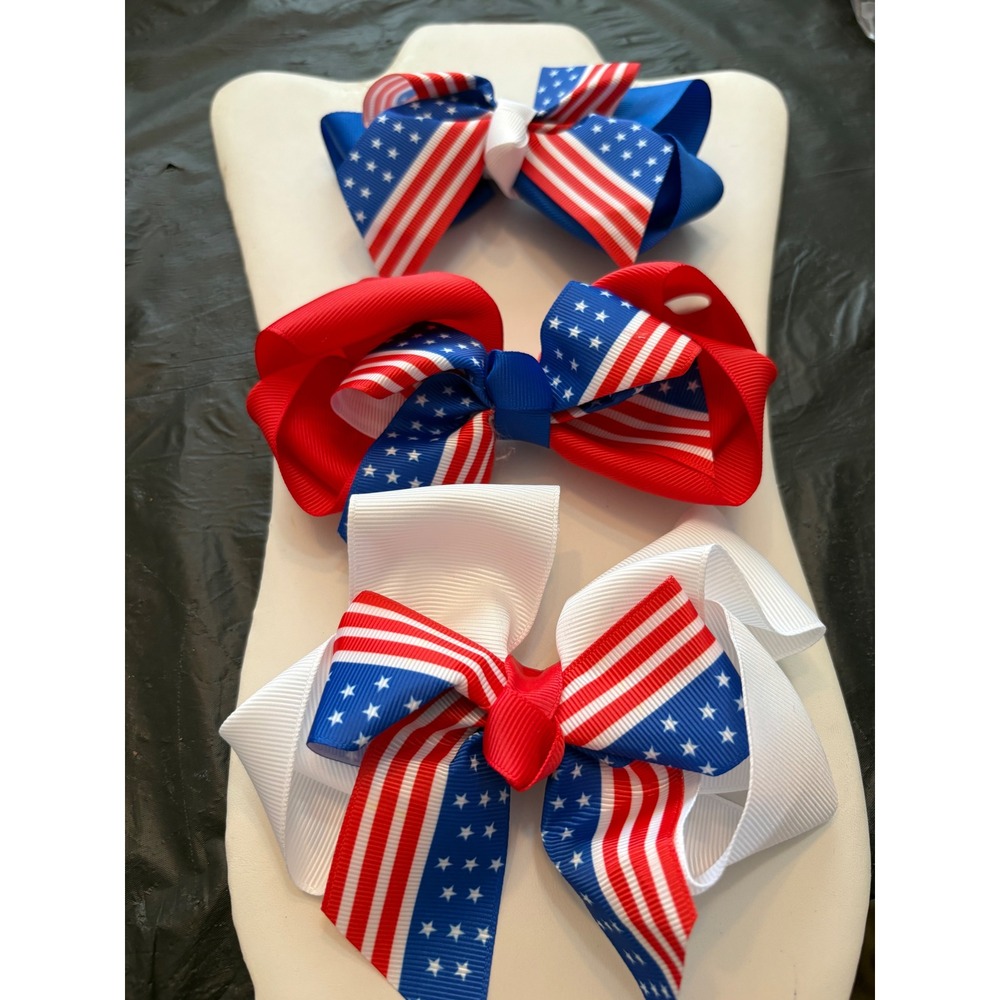 Patriotic Hair Bow Set 3pc Red White Blue American Flag July 4th Grosgrain Bows